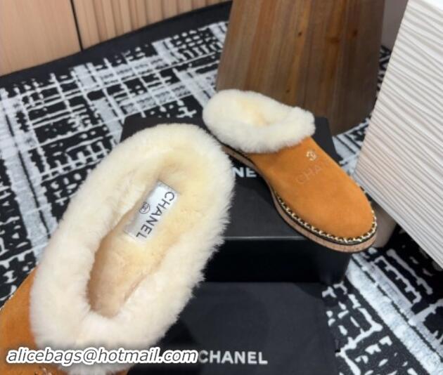 Good Looking Chanel Suede and Wool Flat Mules with Chain Brown 121085