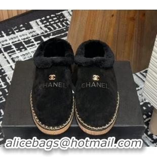 Most Popular Chanel Suede and Wool Flat Mules with Chain Black 121086