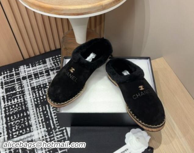 Most Popular Chanel Suede and Wool Flat Mules with Chain Black 121086