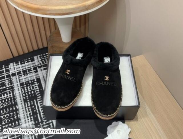 Most Popular Chanel Suede and Wool Flat Mules with Chain Black 121086