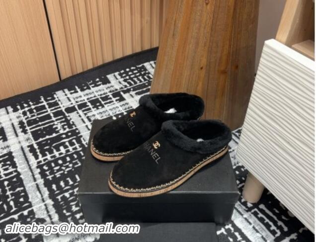 Most Popular Chanel Suede and Wool Flat Mules with Chain Black 121086