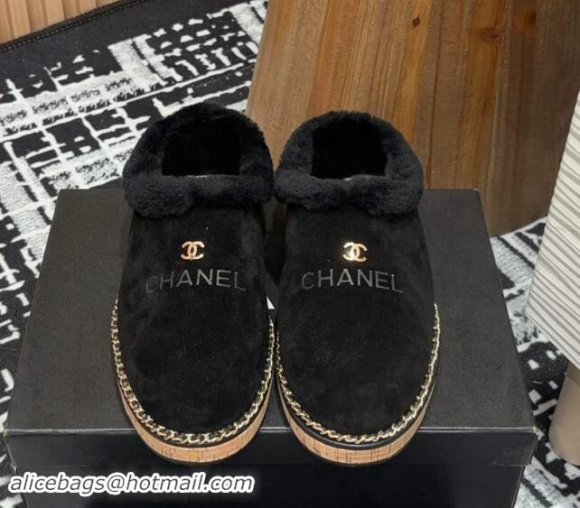 Most Popular Chanel Suede and Wool Flat Mules with Chain Black 121086