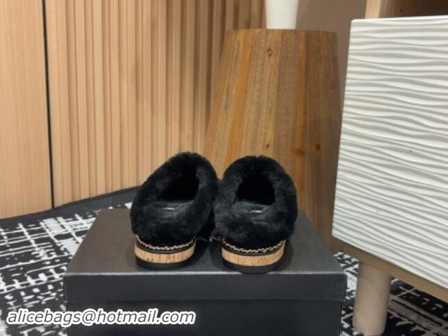 Most Popular Chanel Suede and Wool Flat Mules with Chain Black 121086