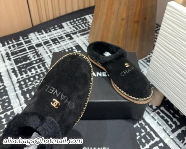 Most Popular Chanel Suede and Wool Flat Mules with Chain Black 121086