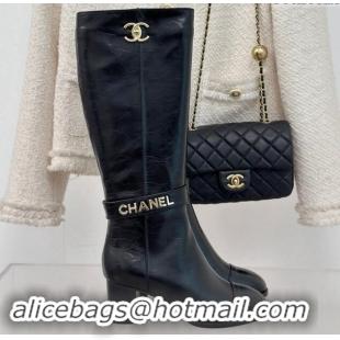 Luxurious Chanel Calfskin High Boots 8cm with CHANEL Strap Black 1121087