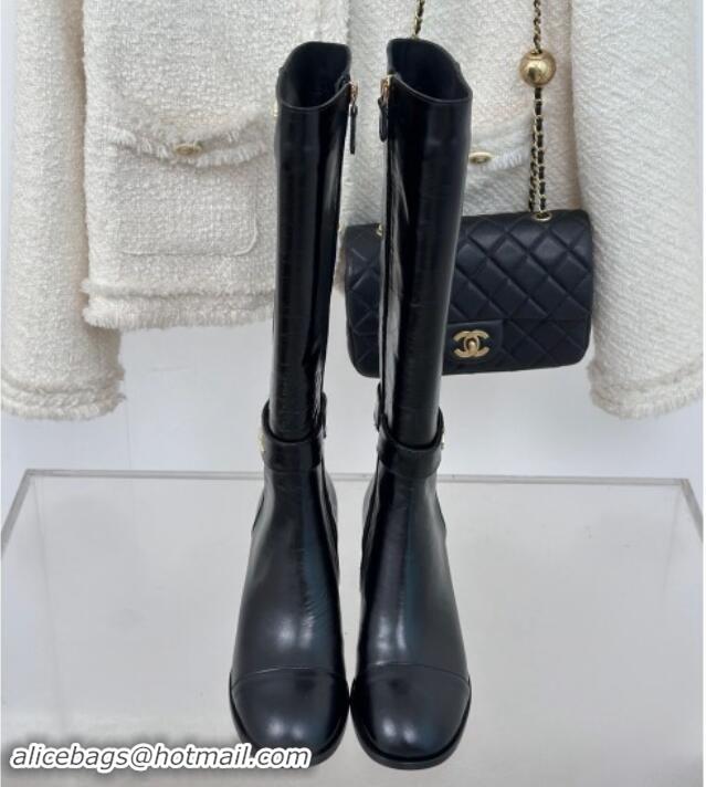 Luxurious Chanel Calfskin High Boots 8cm with CHANEL Strap Black 1121087