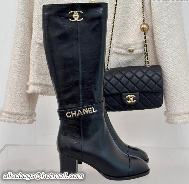 Luxurious Chanel Calfskin High Boots 8cm with CHANEL Strap Black 1121087