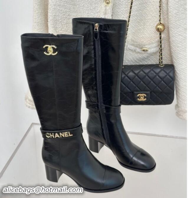 Luxurious Chanel Calfskin High Boots 8cm with CHANEL Strap Black 1121087