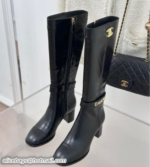 Luxurious Chanel Calfskin High Boots 8cm with CHANEL Strap Black 1121087