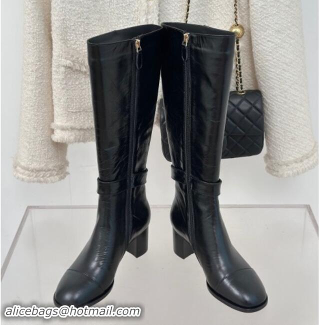 Luxurious Chanel Calfskin High Boots 8cm with CHANEL Strap Black 1121087