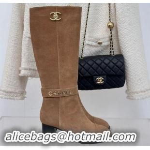 Classic Hot Chanel Suede High Boots 8cm with CHANEL Strap Dark Beige 1121088