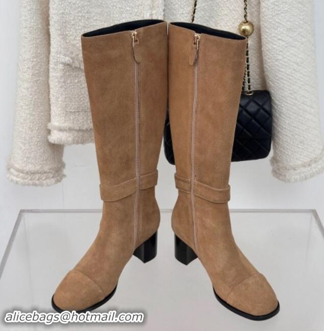 Classic Hot Chanel Suede High Boots 8cm with CHANEL Strap Dark Beige 1121088