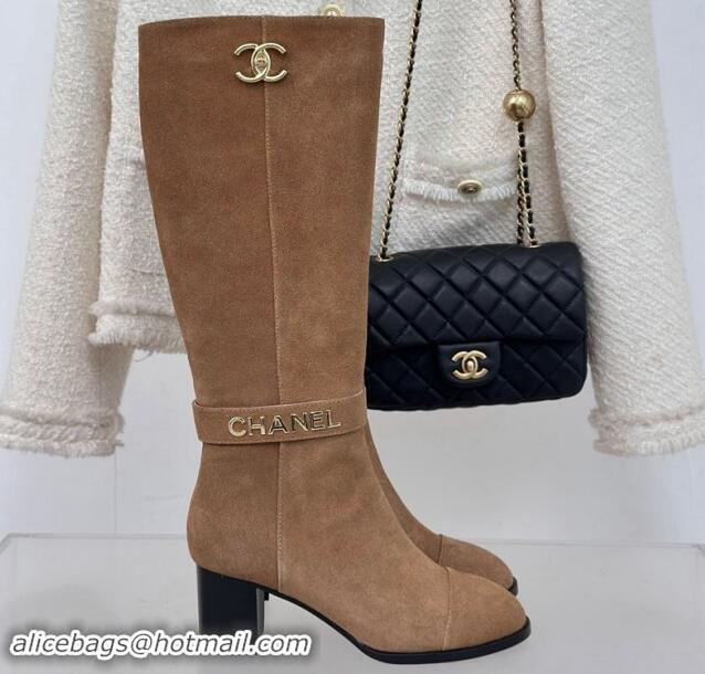 Classic Hot Chanel Suede High Boots 8cm with CHANEL Strap Dark Beige 1121088