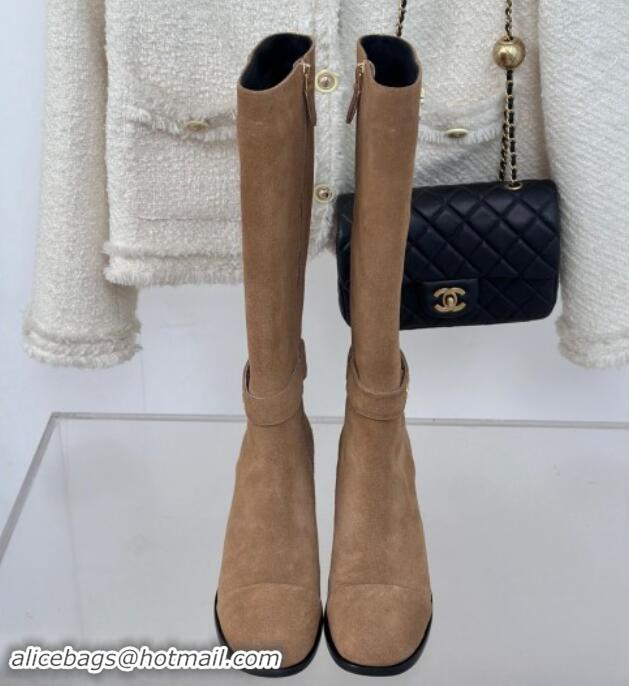 Classic Hot Chanel Suede High Boots 8cm with CHANEL Strap Dark Beige 1121088