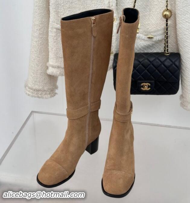 Classic Hot Chanel Suede High Boots 8cm with CHANEL Strap Dark Beige 1121088