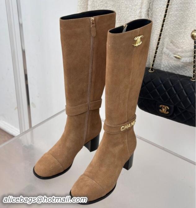 Classic Hot Chanel Suede High Boots 8cm with CHANEL Strap Dark Beige 1121088