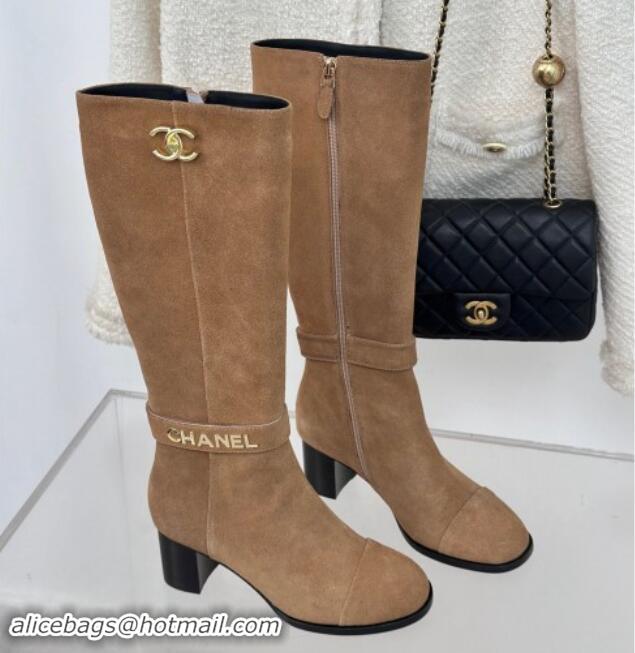 Classic Hot Chanel Suede High Boots 8cm with CHANEL Strap Dark Beige 1121088