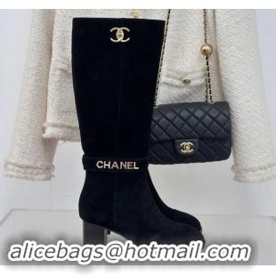 Low Cost Chanel Suede High Boots 8cm with CHANEL Strap Black 1121089