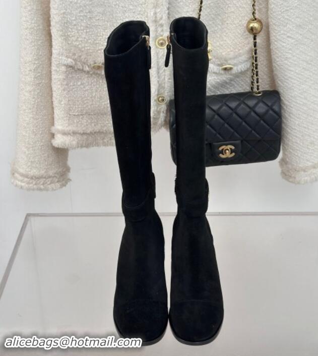 Low Cost Chanel Suede High Boots 8cm with CHANEL Strap Black 1121089