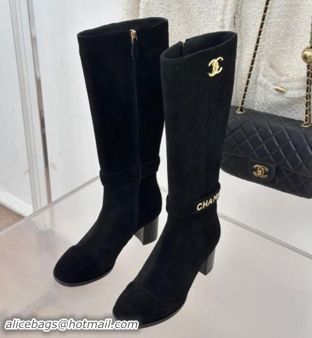 Low Cost Chanel Suede High Boots 8cm with CHANEL Strap Black 1121089