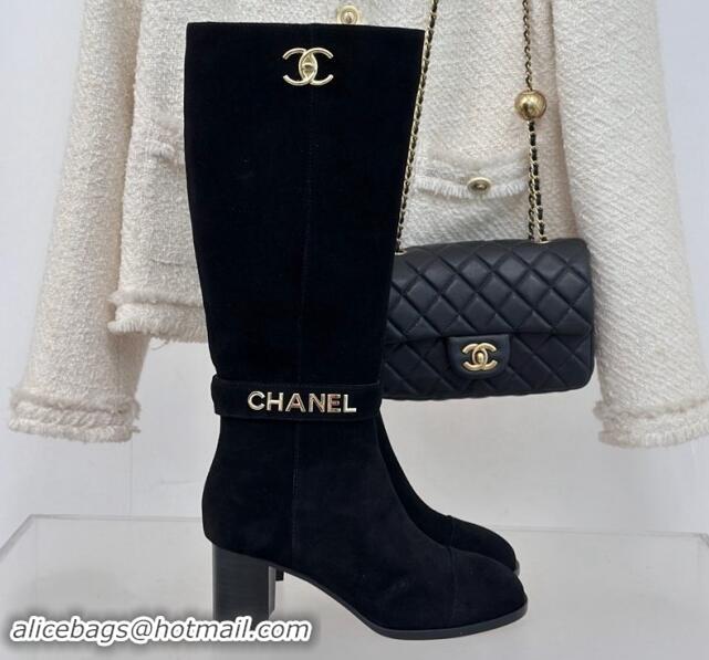 Low Cost Chanel Suede High Boots 8cm with CHANEL Strap Black 1121089