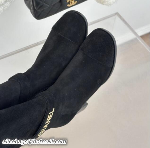 Low Cost Chanel Suede High Boots 8cm with CHANEL Strap Black 1121089