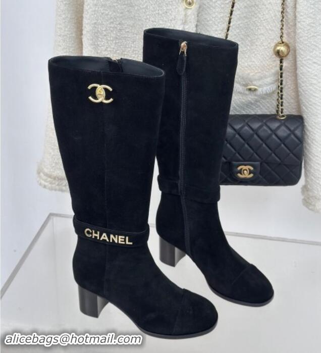 Low Cost Chanel Suede High Boots 8cm with CHANEL Strap Black 1121089