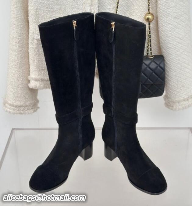 Low Cost Chanel Suede High Boots 8cm with CHANEL Strap Black 1121089