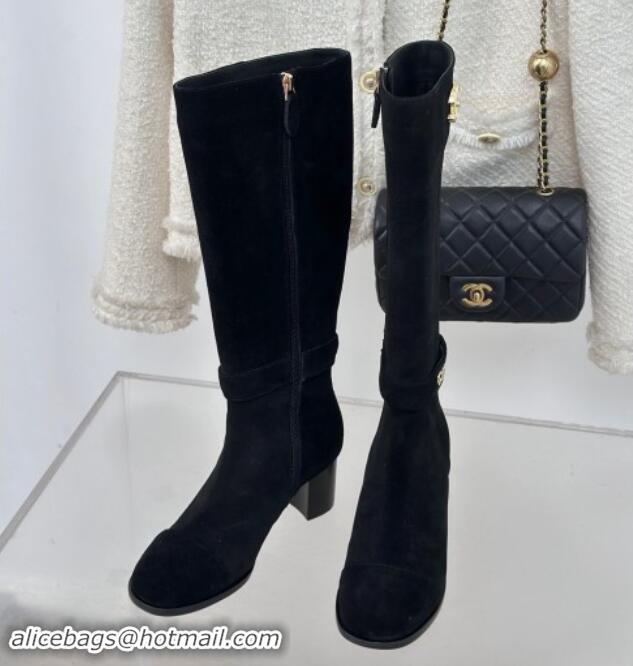 Low Cost Chanel Suede High Boots 8cm with CHANEL Strap Black 1121089