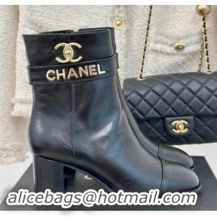 Hot Style Chanel Calfskin Ankle Boots 8cm with CHANEL Strap Black 121090