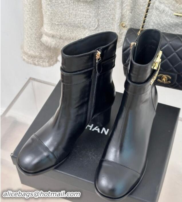 Hot Style Chanel Calfskin Ankle Boots 8cm with CHANEL Strap Black 121090