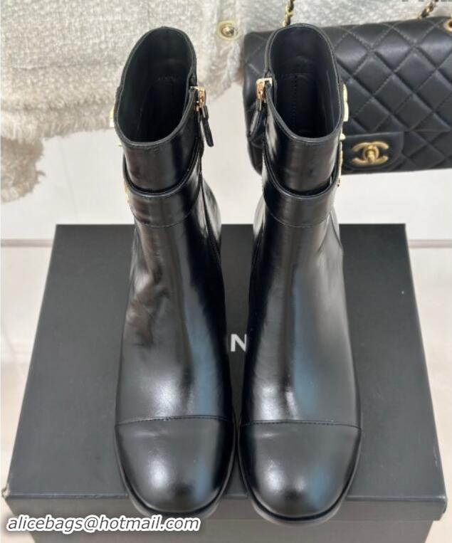 Hot Style Chanel Calfskin Ankle Boots 8cm with CHANEL Strap Black 121090