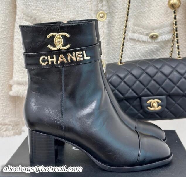 Hot Style Chanel Calfskin Ankle Boots 8cm with CHANEL Strap Black 121090