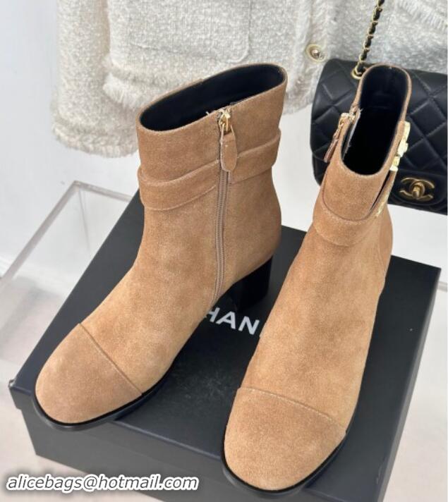 Top Grade Chanel Suede Ankle Boots 8cm with CHANEL Strap Dark Beige 121092