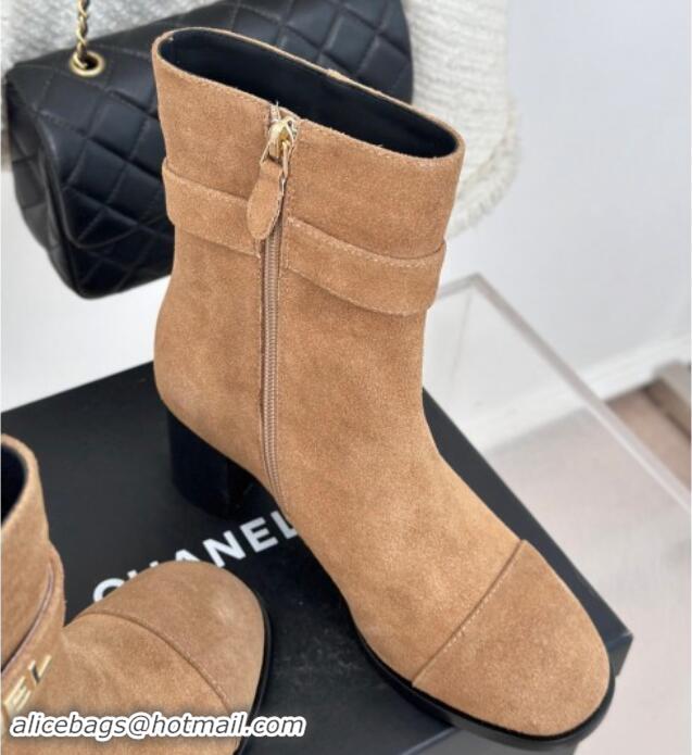 Top Grade Chanel Suede Ankle Boots 8cm with CHANEL Strap Dark Beige 121092