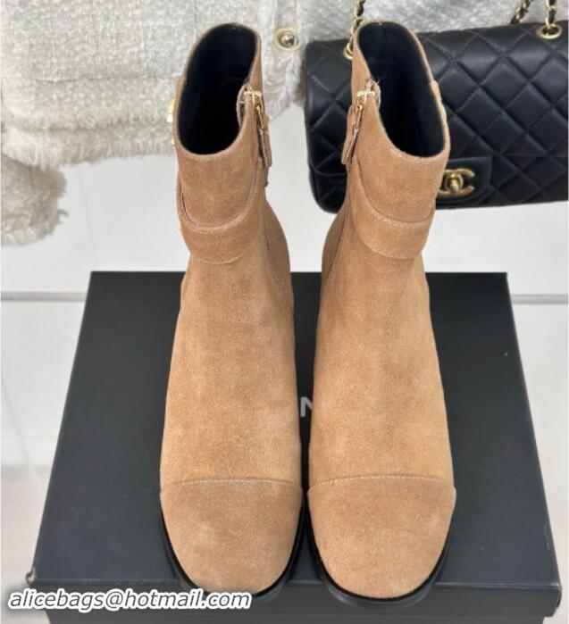 Top Grade Chanel Suede Ankle Boots 8cm with CHANEL Strap Dark Beige 121092