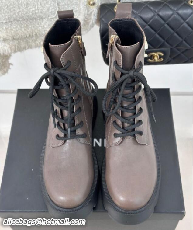 Good Quality Chanel Lambskin Laced-up Ankle Boots Grey 121093