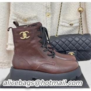 Stylish Chanel Lambskin Laced-up Ankle Boots Brown 121094