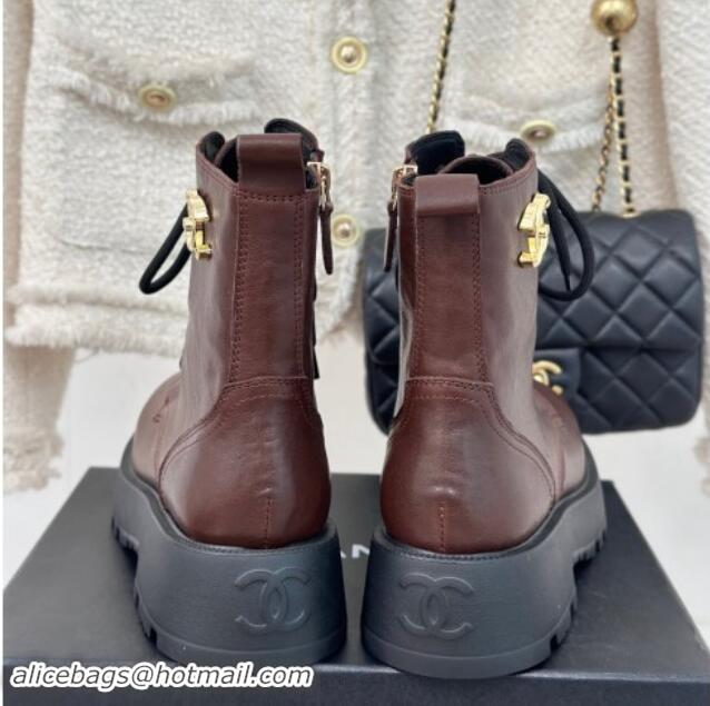 Stylish Chanel Lambskin Laced-up Ankle Boots Brown 121094