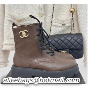 Grade Quality Chanel Lambskin Laced-up Ankle Boots Coffee Brown 121095