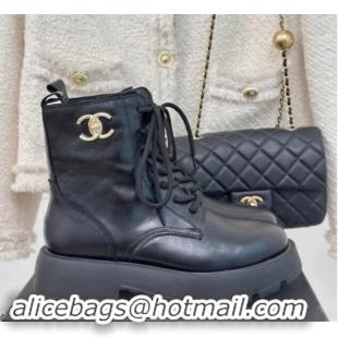 Purchase Chanel Lambskin Laced-up Ankle Boots Black 121096