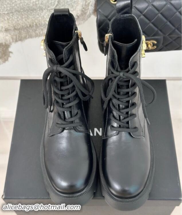 Purchase Chanel Lambskin Laced-up Ankle Boots Black 121096