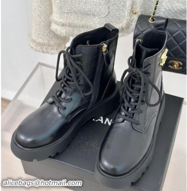 Purchase Chanel Lambskin Laced-up Ankle Boots Black 121096