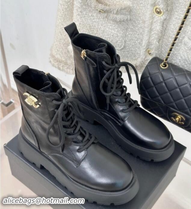 Purchase Chanel Lambskin Laced-up Ankle Boots Black 121096