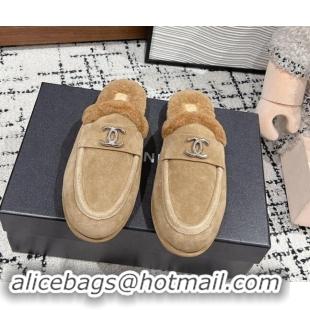 Low Cost Chanel Suede & Shearling Wool Flat Mules Beige 121097