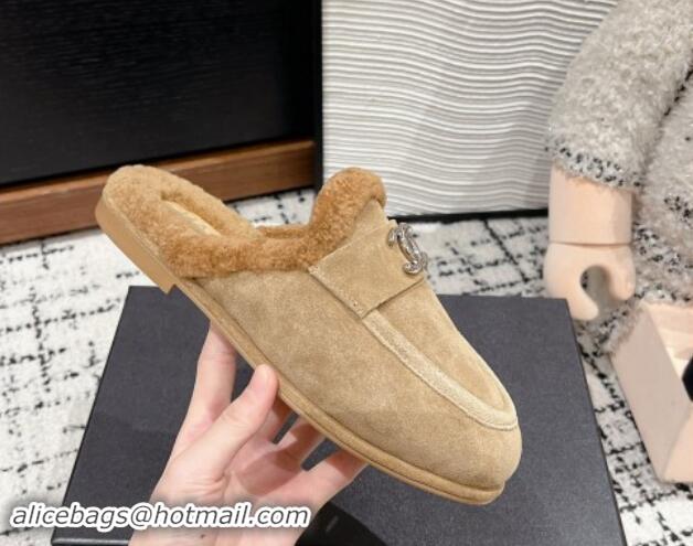 Low Cost Chanel Suede & Shearling Wool Flat Mules Beige 121097