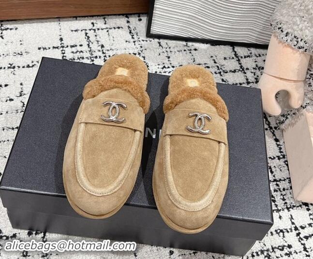 Low Cost Chanel Suede & Shearling Wool Flat Mules Beige 121097