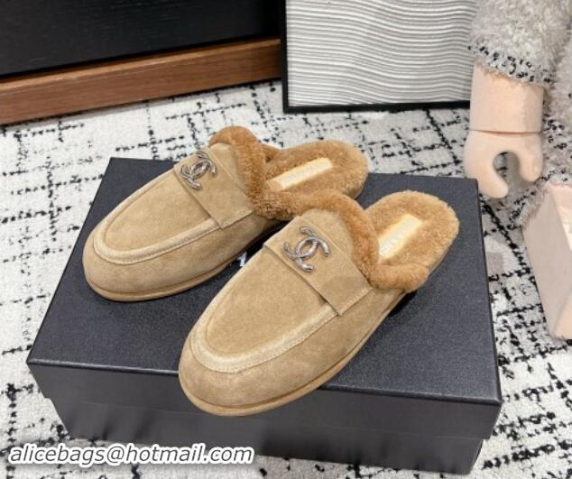 Low Cost Chanel Suede & Shearling Wool Flat Mules Beige 121097