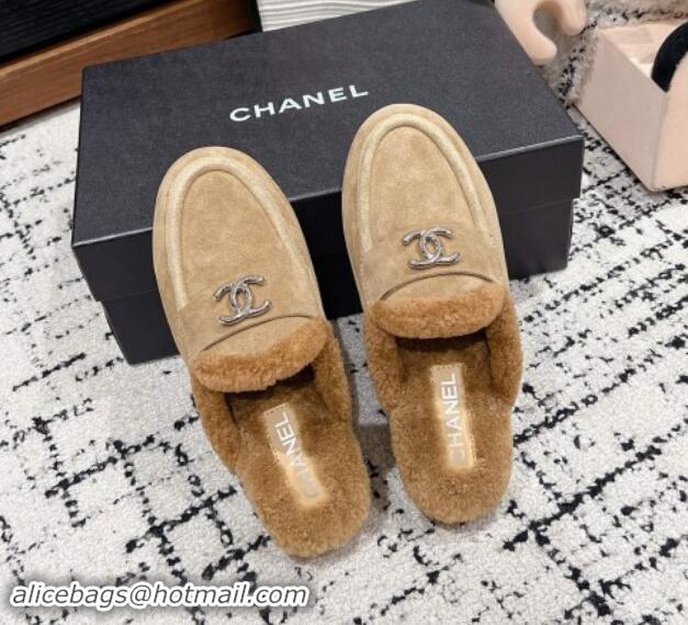 Low Cost Chanel Suede & Shearling Wool Flat Mules Beige 121097