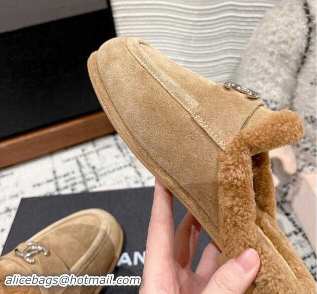 Low Cost Chanel Suede & Shearling Wool Flat Mules Beige 121097